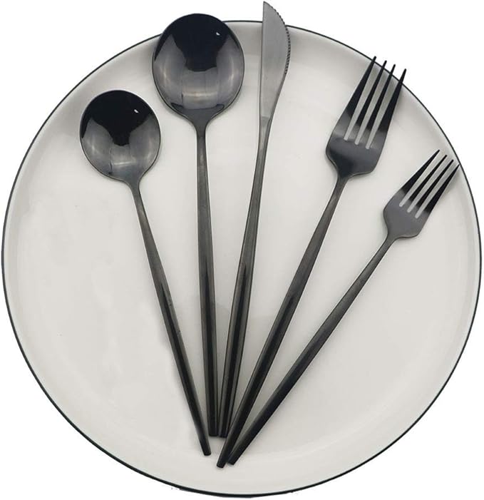 Shiny Black Silverware Set, JASHII 30-Piece Stainless Steel Satin Finish Flatware Set, Kitchen Utensil Set, Mirror Polished Tableware Cutlery Set for Home and Restaurant, Dishwasher Safe