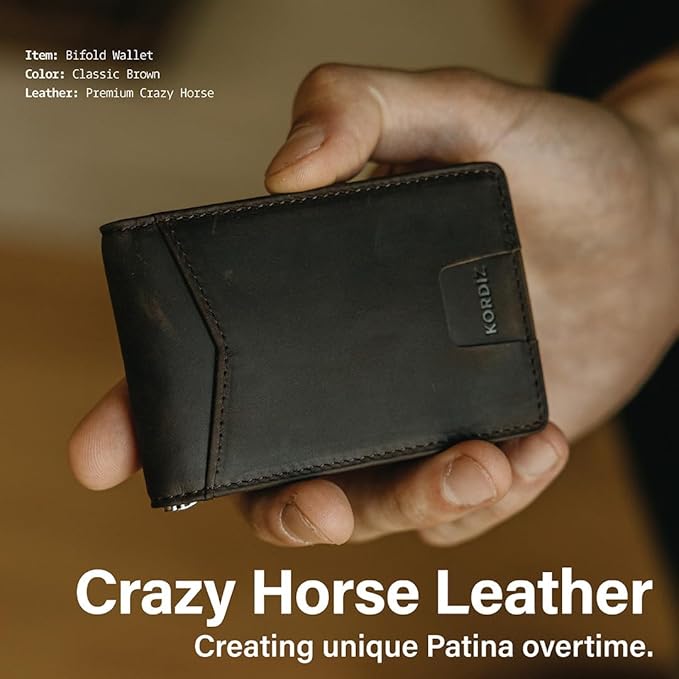 KORDIZ RFID Blocking Slim Bifold Wallet for Men – Premium Full-Grain Crazy Horse Leather Front Pocket Wallet with Money Clip, ID Window & Minimalist Design – Rustic Brown