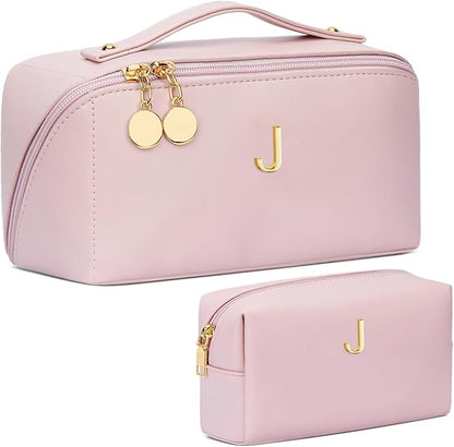 Birthday Gifts for Women Teen Girl, Personalized Initial Makeup Organizer Bag Set, Open Flat Travel Cosmetic Bag With Clear Divider and Handle(Pink,J)