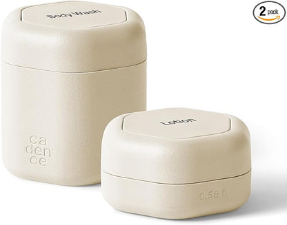 Cadence Travel Containers - 2 Piece Body Care Capsule Set - Magnetic Containers w/Lids - Carry On Travel Essentials for Women/Men - 1 Small & 1 Medium Capsule - Body Wash & Lotion Labels - Sand