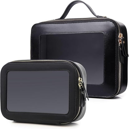 Pinkmik Clear Makeup Bag for Women Waterproof Travel Cosmetics and Toiletries Case Portable Makeup Oaganizer Bag Clear Car Bag with Zipper (Black, M+L-1)