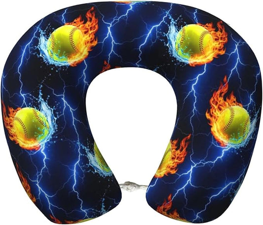 Neck Travel Pillow, Breathable Memory Foam Chin & Head Support Cushion Blue Lightning Water Fire Flame Softball for Airplane Car Sleeping Rest