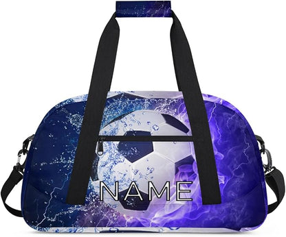 Personalized Kids Duffel Bag for Girls Boys Traveling Sport Soccer Ball Fire Small Sport Gym Bag Custom Overnight Weekender Tote Bag Carry on Teen Dance Bag for Gymnastic Ballet