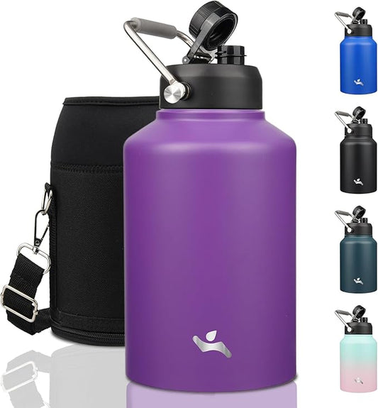 1 Gallon Jug with Handle,128 oz Insulated Water Bottle with Carrying Pouch, Double Wall Vacuum Stainless Steel Metal Bottle,Purple