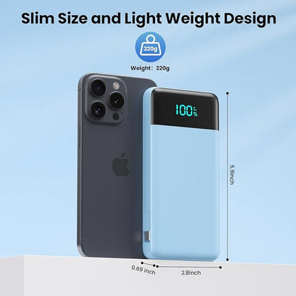 Portable Charger for iPhone with Built in Cables and Wall Plug,Upgraded 13800mAh Fast Charging USB C Power Bank,4 Outputs Travel Essential Battery Pack Compatible with iPhone 17/16/15/14,-Light Blue