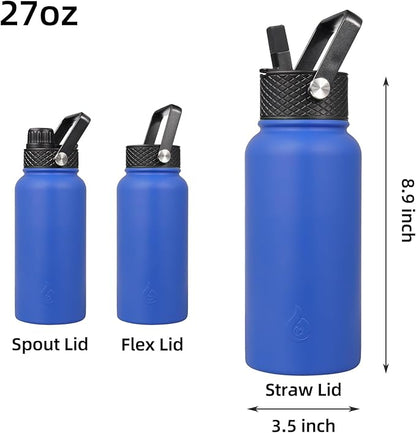 BJPKPK Insulated Water Bottles with Straw Lid, 27oz Stainless Steel Water Bottle with 3 Lids, Leak Proof BPA Free Metal Thermo, Mugs, Tumblers, Keep Cold Hot -Sapphire
