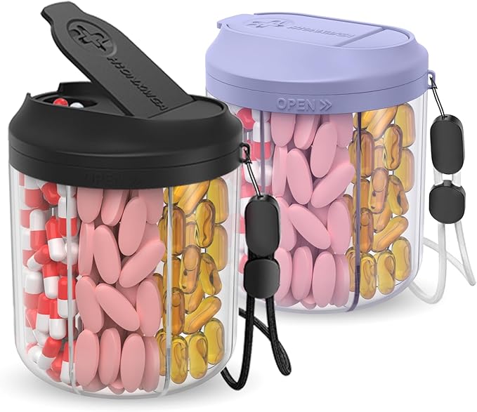 Pill Dispenser with 7 Large Compartments, 4.4" H x 3.6" Dia Pill Organizer for Travel, Supplement Organizer with Anti-Mixing Design, BPA-Free Pill Container with 20 Pcs Labels, Black+ Purple