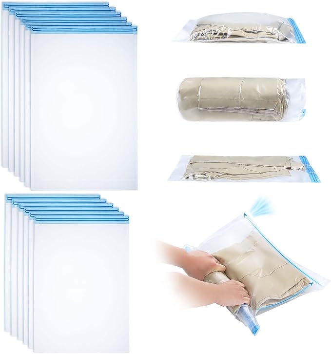 12PK Pump-Free Compression Vacuum Bags for Travel, Roll-up Space Saver Storage Bags for Clothes (6 Large 16''x24'' + 6 Small 14''x 20'') Travel Essentials & Organizers