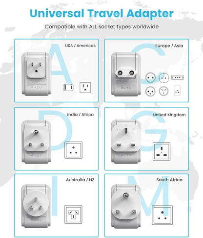 Universal Travel Adapter Kit, VINTAR International Plug Adapter with 3 USB Ports(2 USB C, 3.4A) and 2 American Outlets, Type A,C,G,D,I,M Detachable Attachments, Adapter for US/EU/UK/India/AUS/Africa