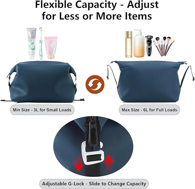 Vomgomfom 3L 6.5 Inch Silicone Toiletry Bag, Waterproof Leakproof Travel Cosmetic Organizer, Adjustable G-Buckle Compression Dopp Kit, Foldable Makeup Bag for Women & Men, Navy