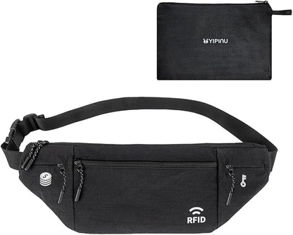Travel Money Belt for Men and Women hidden slim passport holder - travel wallet with RFID blocking under clothes to protect Cash, Credit Cards and Documents (BLACK)