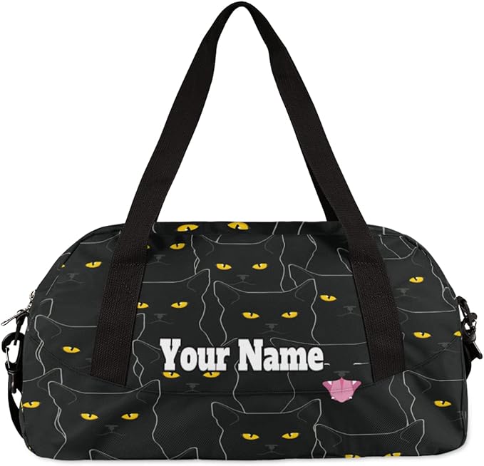 AUUXVA Custom Black Cat Animal Pattern Personalized Text Gym Duffle Bag for Kids, Sports Bag for Teens Boys & Girls, Small Waterproof Overnight Weekender Carry Practice Travel Bag