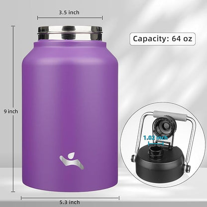 Half Gallon Jug with Handle,64 oz Insulated Water Bottle with Carrying Pouch,Double Wall Vacuum Stainless Steel Metal Bottle,Purple