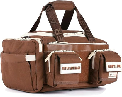 WOLFpak 20L Mini Duffle Bag for Gym & Travel | Waterproof Carry-On Weekender Bag with Shoe Compartment, Hard Bottom, and Tactical Molle System (Mocha Brown)