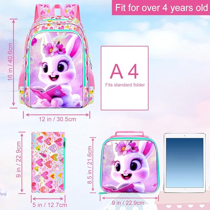 WZLVO 3PCS Rabbit Bookbag for Girls, 16" Glittery UV Printing Kids Backpack/School Bag with Lunch Box & Pencil Bag for Preschool to Elementary - Reading Rabbit Pink