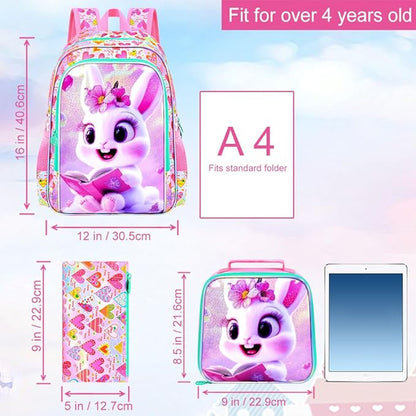 WZLVO 3PCS Rabbit Bookbag for Girls, 16" Glittery UV Printing Kids Backpack/School Bag with Lunch Box & Pencil Bag for Preschool to Elementary - Reading Rabbit Pink