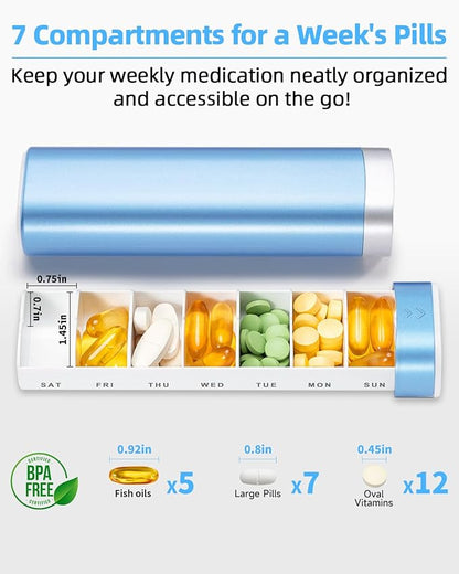 Betife Travel Pill Organizer Weekly 7 Day, Compact Daily Pill Box, Portable Medicine Case, Cute Pill Holder for Vitamins Supplements, Drawer-Shaped Pills Organizer (Blue)