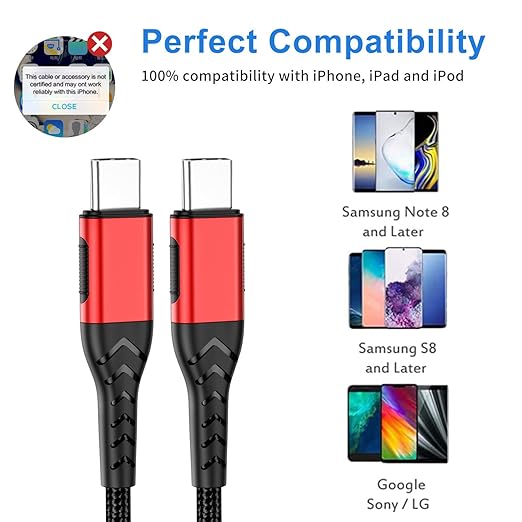 Durcord 2Pack 10ft USB C to USB C Cable, 100W Fast Charging, Compatible with iPhone 15 Pro/Plus/Max, Android/Phone/Pad, Red