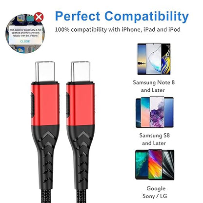 Durcord 2Pack 10ft USB C to USB C Cable, 100W Fast Charging, Compatible with iPhone 15 Pro/Plus/Max, Android/Phone/Pad, Red