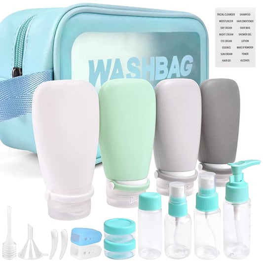 18 Pcs Travel Bottles Set for Toiletries, TSA Approved Travel Size Containers with Bandage Silicone Squeezable for Shampoo Conditioner Lotion Body Wash (Multicolour+Blue Bag)