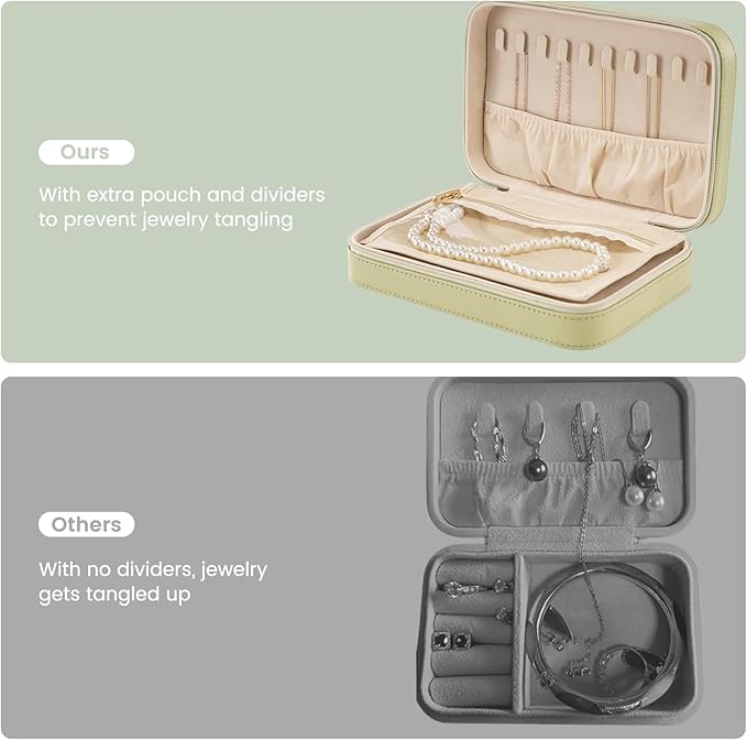 Lolalet Travel Jewelry Case for Women Girls, Travel Jewelry Organizer Box with Mirror & Clear Storage Bag, Small Portable Earring Necklace Bracelet Ring Case, Birthday Christmas Gifts -Medium, Green