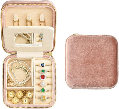 TAIMY Travel Jewelry Case,Small Plush Velvet Travel Jewelry organizer,Portable Mini Travel Jewelry Boxes for Rings Earrings Necklaces Bracelets(Blush Peach,with Mirror)