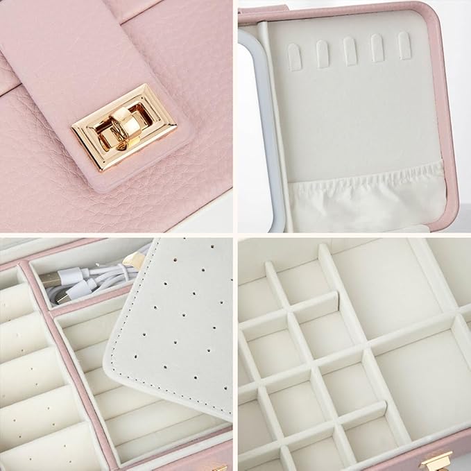 Custom 3-Layer Travel Jewelry Case Personalized Name Birth Flower Jewelry Organizer and Storage With 3 Colors LED Makeup Mirror Mother Jewelrys Box Gifts For Women Nana Size 9.25×6.3×3.54 INCH