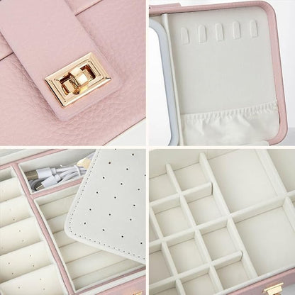 Custom 3-Layer Travel Jewelry Case Personalized Name Birth Flower Jewelry Organizer and Storage With 3 Colors LED Makeup Mirror Mother Jewelrys Box Gifts For Women Nana Size 9.25×6.3×3.54 INCH