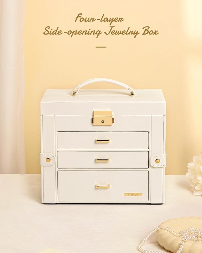 Homde 2 IN 1 Jewelry Box for Women Girls with Small Travel Case Mirror Necklace Ring Earrings Organizer - Christmas Gifts(White + Gold)