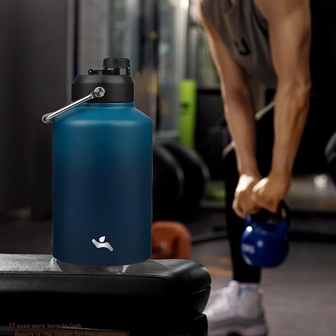 1 Gallon Jug with Handle,128 oz Insulated Water Bottle with Carrying Pouch, Double Wall Vacuum Stainless Steel Metal Bottle,Indigo Black