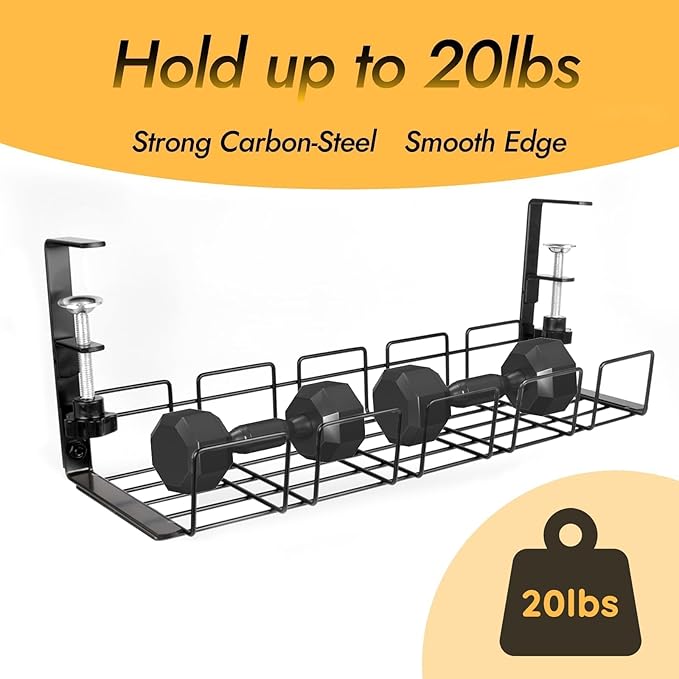 Under Desk Cable Management Tray No Drill - 15.7'' Long 5.1'' Wide Workspace Organizers, Steel Cord Organizers, 4 Cable Holder, 12 Roll Cable Organizer Straps, No Drill, No Damage to Desk(Black)