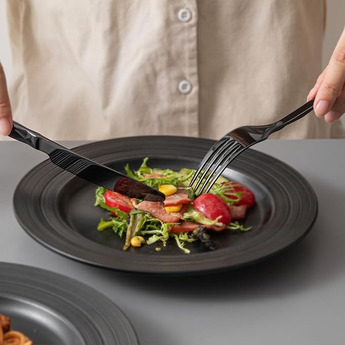 KINGSTONE Black Silverware Set, Luxury 60 Piece Flatware Set for, 18/10 Stainless Steel Cutlery Set with Diamond Cut Pattern for Kitchen, Home, Wedding, Party, Mirror Polished and Dishwasher Safe