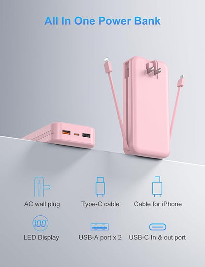 Portable Charger with Wall Plug, 20000mAh USB C Power Bank Fast Charging, External Battery Pack with Built in Cables, Digital Display, 5 Output 2 Input for iPhone Android Cell Phone Tablet