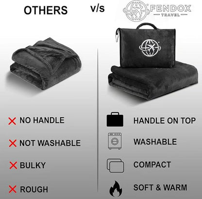 2-in-1 Travel Blanket and Pillow – Lightweight, Compact, Ultra Soft, Machine Washable – Handle, Luggage Sleeve, Backpack Clip – for Travel Airplane, Car, Office (Black)