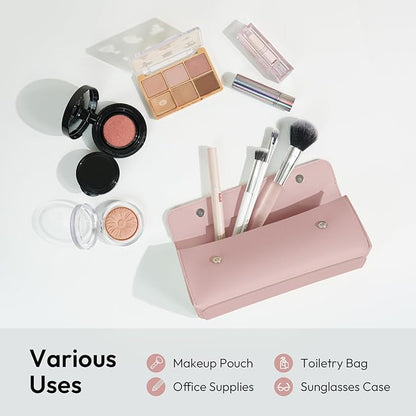 carrotez Stylish PU Leather Makeup Bag: Versatile Travel Toiletry Bag & Cosmetic Pouch, Small Makeup Organizer for Purse Essentials - Ideal Makeup Brush Holder & Sunglasses Case for Women - Pink