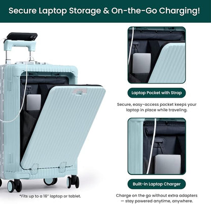 Nobl Travel Carry On Luggage, Noble Zipperless Aluminum Frame PC Hard Shell Suitcase, 22.5x15x9.5 Airline Approved, 360° Spinner Wheels, TSA Locks, USB Charging Port, Cup & Phone Holder - Powder Blue