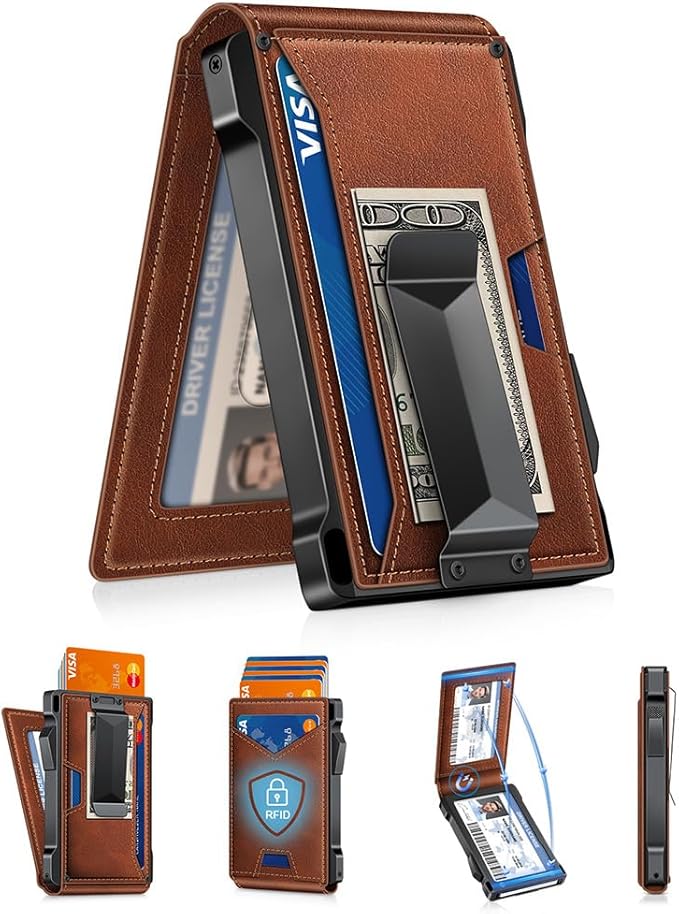 Wallet for Men RFID Wallet with 2 ID Windows & Money Clip, Slim Pop Up Card Holder for 10-12 Cards, Bifold Minimalist Smart Wallet for Front Pocket, Compact Metal Credit Card Holder, Gifts for Men