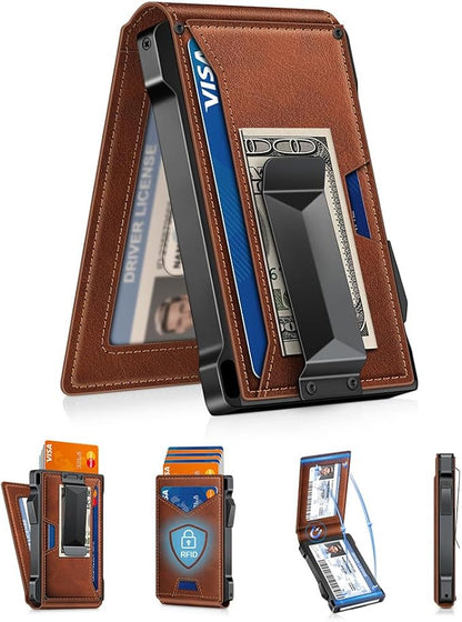 Wallet for Men RFID Wallet with 2 ID Windows & Money Clip, Slim Pop Up Card Holder for 10-12 Cards, Bifold Minimalist Smart Wallet for Front Pocket, Compact Metal Credit Card Holder, Gifts for Men