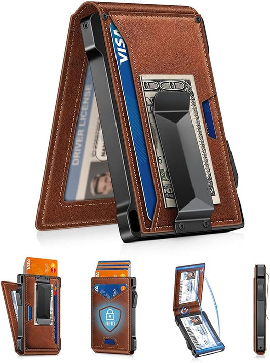Wallet for Men RFID Wallet with 2 ID Windows & Money Clip, Slim Pop Up Card Holder for 10-12 Cards, Bifold Minimalist Smart Wallet for Front Pocket, Compact Metal Credit Card Holder, Gifts for Men
