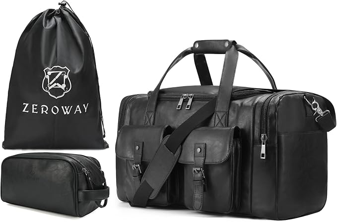 Zeroway PU Leather Travel Duffel Bag with Laundry Bag, Weekender Overnight bag Luggage Carry-On Bag with Shoe Pouch for Men or Women Black