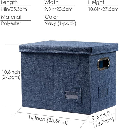 PRANDOM File Organizer Box - Set of 1 Collapsible Decorative Linen Filing Storage Hanging File Folders with Lids Office Cabinet Letter Size Navy Blue (14x9.3x10.8 inch)