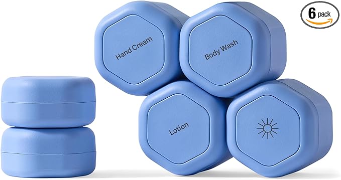 Cadence Travel Containers - 6 Piece Body Care Set - Magnetic Travel Capsules for Women/Men - 2 Small & 4 Medium Capsules - Lotion, Body Wash, Sun Icon, Hand Cream, Lotion, Body Oil Labels - Pacific