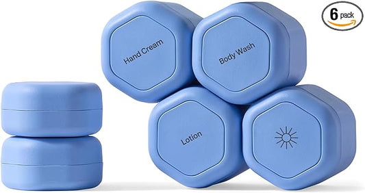 Cadence Travel Containers - 6 Piece Body Care Set - Magnetic Travel Capsules for Women/Men - 2 Small & 4 Medium Capsules - Lotion, Body Wash, Sun Icon, Hand Cream, Lotion, Body Oil Labels - Pacific