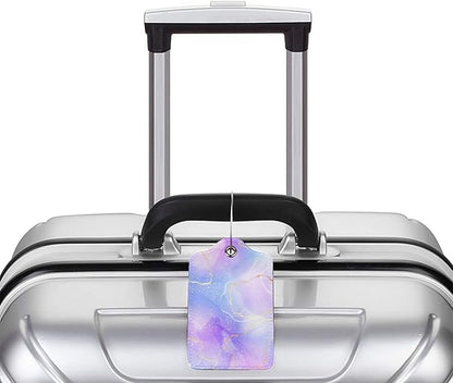 2Pcs Light Purple Blue Leather Luggage Tags with Golden and White Lines for Women Girls Travel, Pretty Abstract Lavender Violet Watercolor Marble Name ID Identifier Labels for Suitcase Baggage Bag