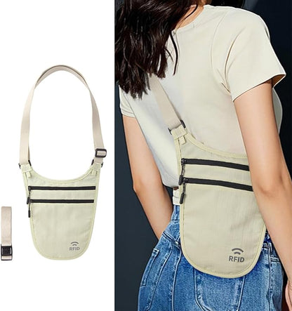 Crossbody Money Belt for Travel Women & Men Hidden, Travel Wallet Pouch - Slim Passport Holde, RFID Blocking Neck Wallet Under Clothes to Protect Cash, Credit Cards and Documents (KHAKI)