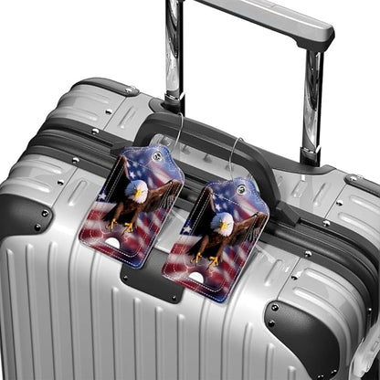 Funny PU Leather Luggage Tags 2-Pack Flying Eagle American Flag Lightning Cute Pattern Suitable for Suitcase Stainless Steel Loop and Address Card Essential for Cruise and Airport Travel