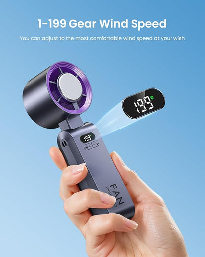 2 Pack Handheld Portable Turbo Fan with Ice Cooler, Speed (1-199) 5500mAh*2 Rechargeable Personal Fan,[20H Cooling Time] Mini Yet Powerful, Small Pocket Fans for Travel/Outdoor/Office, Grey Purple