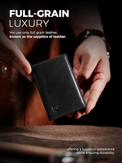 LORZOR Minimalist Wallet for Men with Credit Card Holder, Finest Full Grain Leather, Pop up Smart Wallet, Trifold Slim Wallet, RFID Blocking, Front Pocket, ID Window