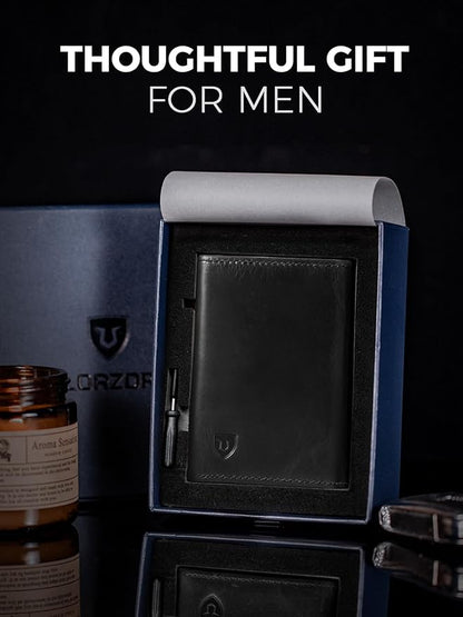 LORZOR Minimalist Wallet for Men with Credit Card Holder, Finest Full Grain Leather, Pop up Smart Wallet, Trifold Slim Wallet, RFID Blocking, Front Pocket, ID Window