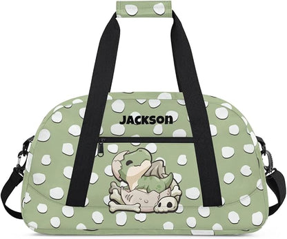 Personalized Duffel Bag for Kids Girls Boys, Dinosaur Spot Custom Name Gym Bag Overnight with Padded Handles Carry On Weekend Sports Travel Bag for School Practice Gymnastics Ballet